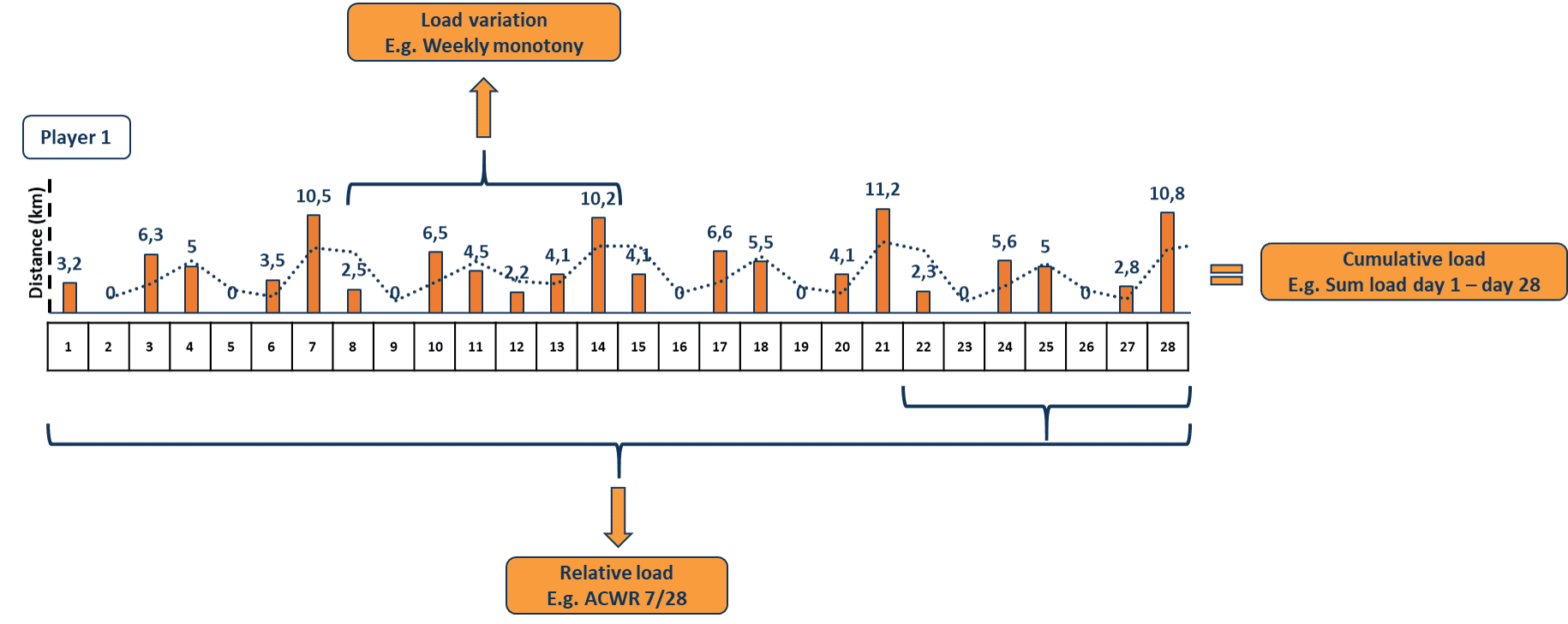 When analysing the combines load certain training sessions, one can distinguish between cumulative load, relative load and load variation