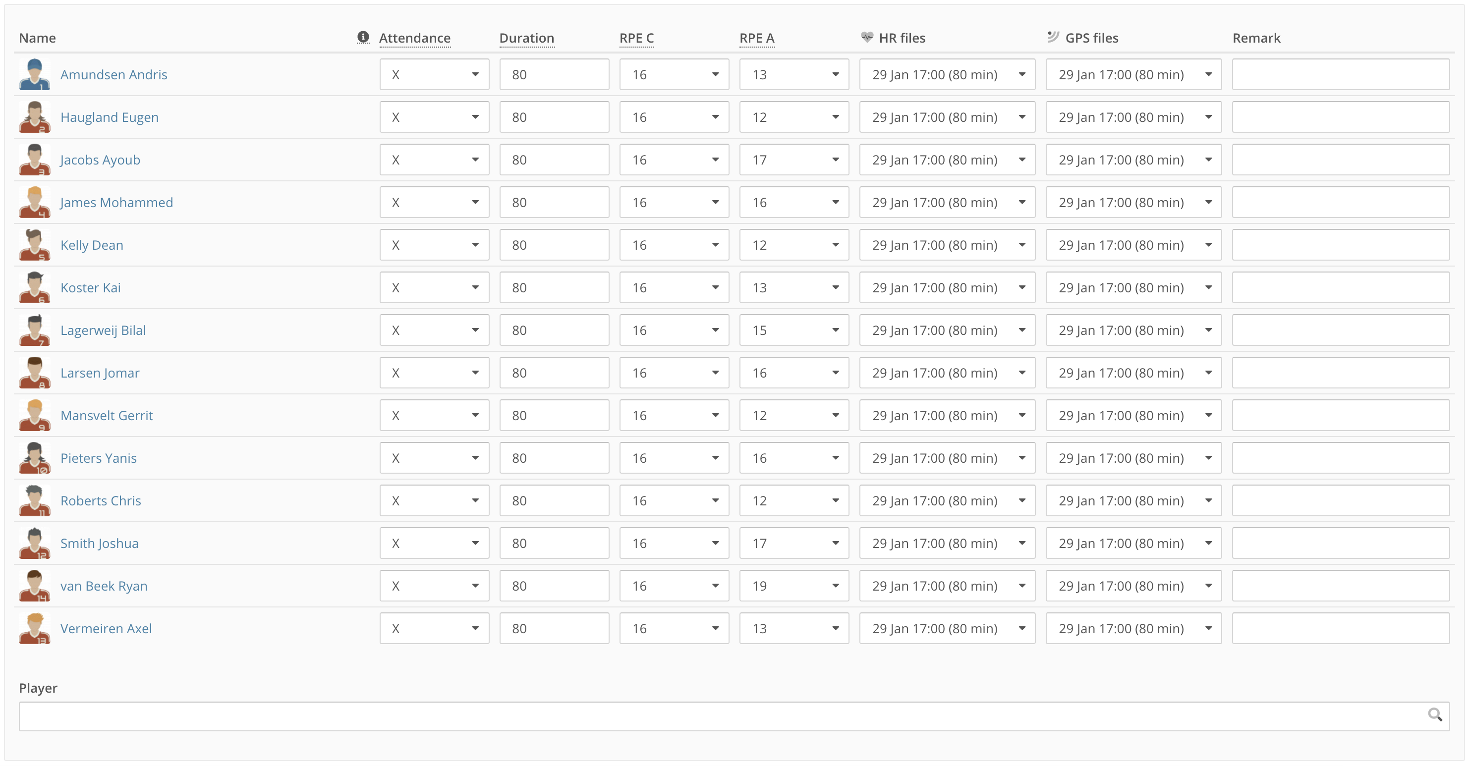 Filling in coach RPE vs. player RPE in Topsportslab platform