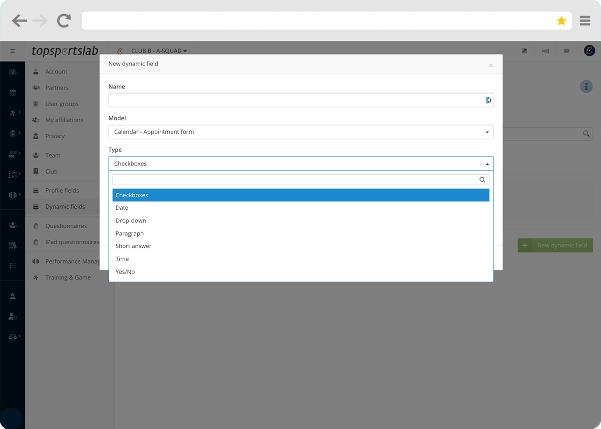 Dynamic Fields in Topsportslab platform