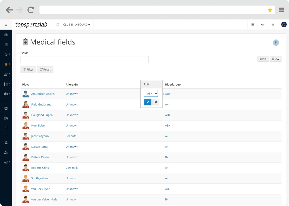 Medical custom fields in Topsportslab platform