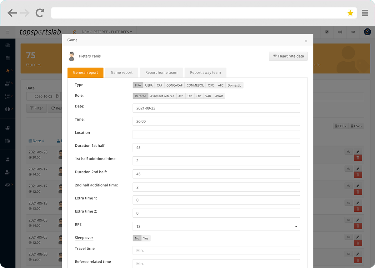 Referee match report in Topsportslab Referee Management System