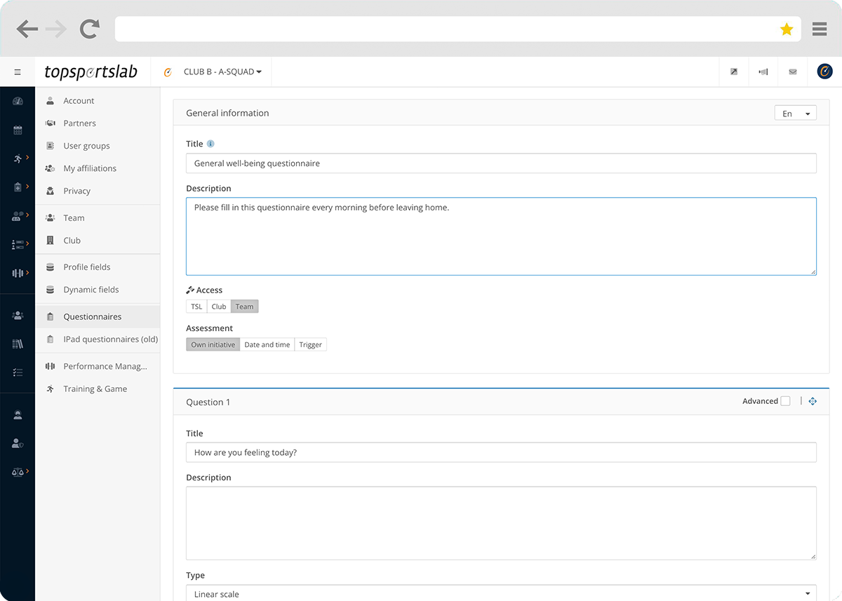 Creating custom sel-report or well-being questionnaires in the Topsportslab platform