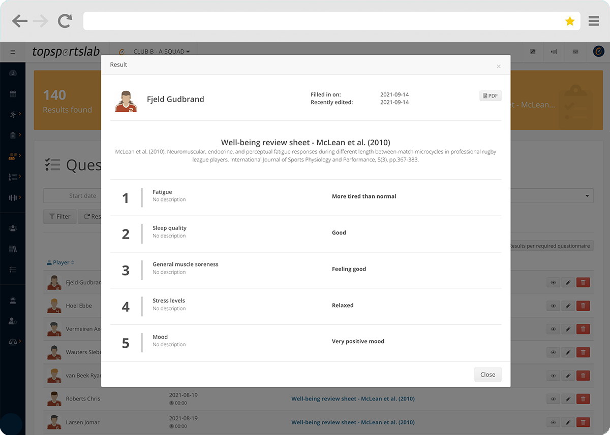 Viewing athlete results for custom well-being questionnaires in the Topsportslab platform