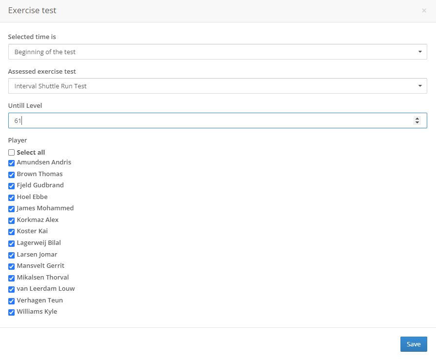 Exercise tests can be created for the whole squad at once in Topsportslab platform Exercise tests can be created for the whole squad at once in Topsportslab platform